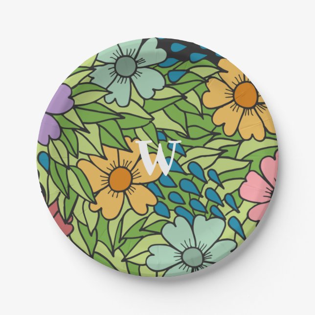 Personalise Retro Flowers Large Scale Multicolor  Paper Plate (Front)