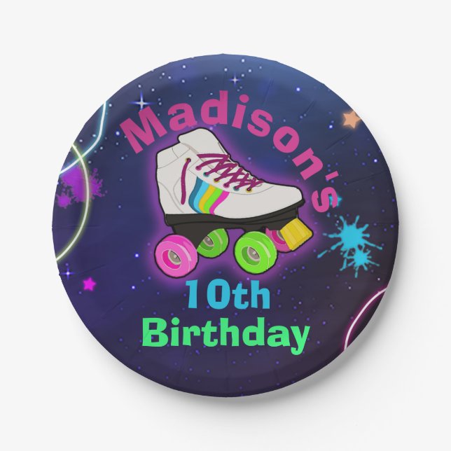 Personalise Roller Skating Neon Birthday Classic Paper Plate (Front)