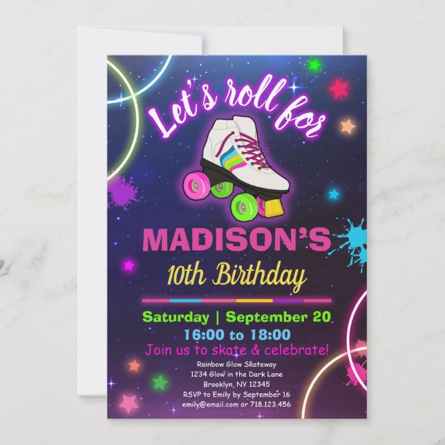 Personalise Roller Skating Neon Birthday RSVP Invitation (Front)