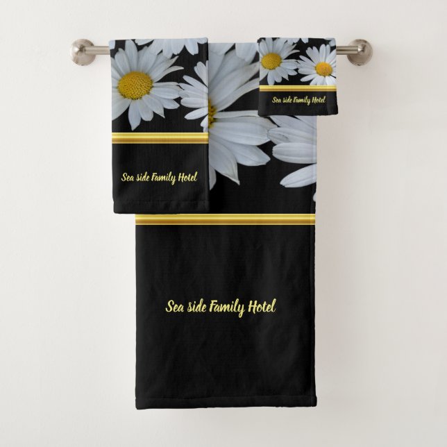Personalise romantic daisy gold foil with black bath towel set (Insitu)