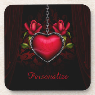 Personalise Romantic Gothic Red Heart Roses Coaster