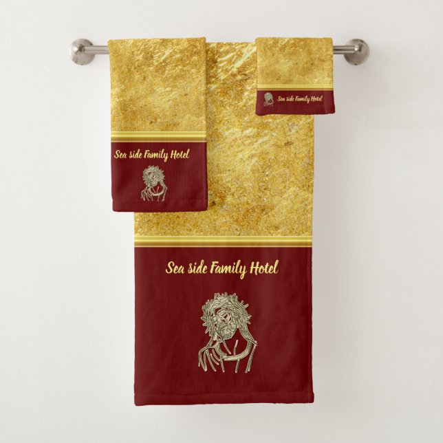 Personalise romantic Jesus gold foil with red Bath Towel Set (Insitu)