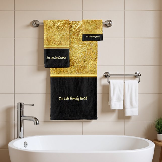 Personalise romantic modern gold foil with black bath towel set (Creator Uploaded)
