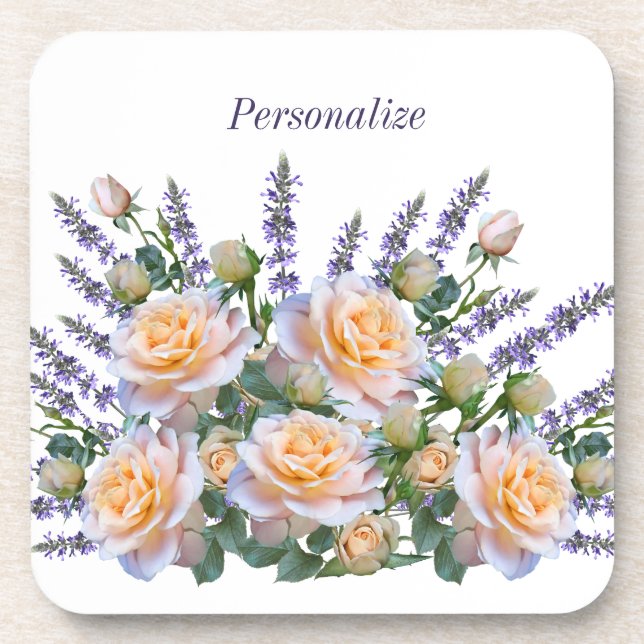 Personalise Romantic Peach Rose Lavender Bouquet Coaster (Front)