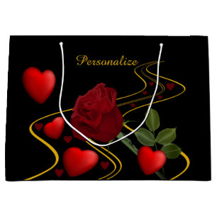 Personalise Romantic Red Hearts Roses Gold Ribbon Large Gift Bag