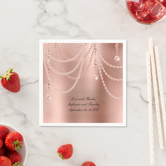 Personalise Rose Gold Pearls Diamond Bling Wedding Napkin (Insitu)