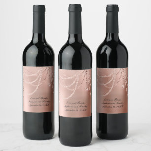 Personalise Rose Gold Pearls Diamond Bling Wedding Wine Label
