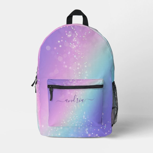 Personalise Script Name, Bokeh Stars Purple & Blue Printed Backpack (Front)
