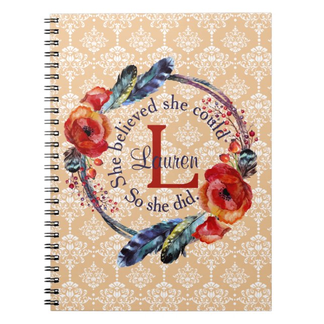 Personalise She Believed She Could Monogram Floral Notebook (Front)