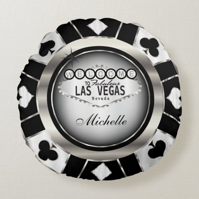 Personalise Silver, Black and White Poker Chip Round Cushion (Front)