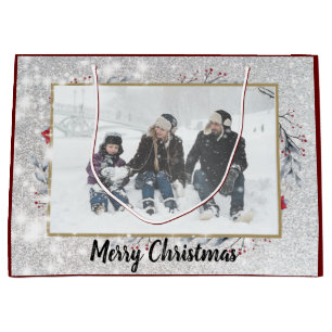 Personalise Silver Snow Christmas Red Wreaths  Large Gift Bag