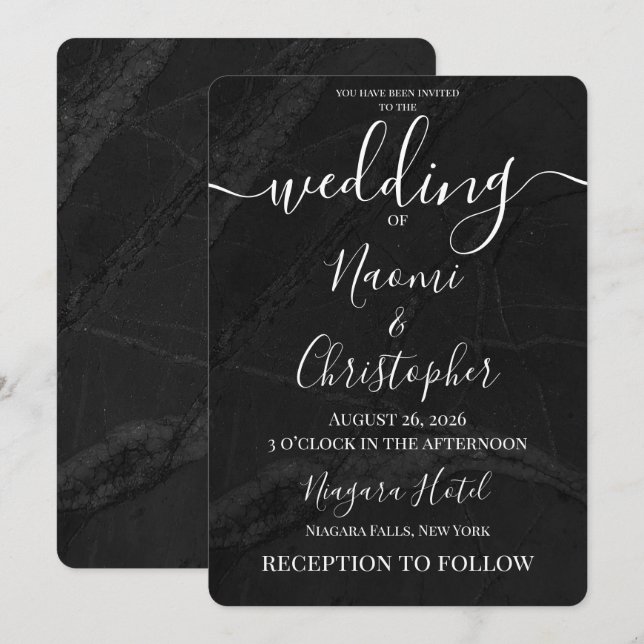 Personalise: Simple Black Marble Texture Wedding Invitation (Front/Back)