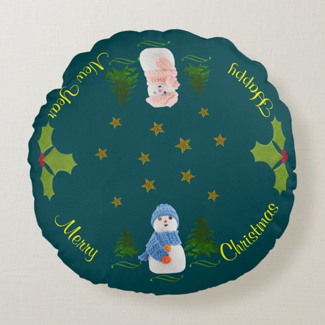 Personalise, Snowman, Christmas tree, twig Round Cushion (Front)