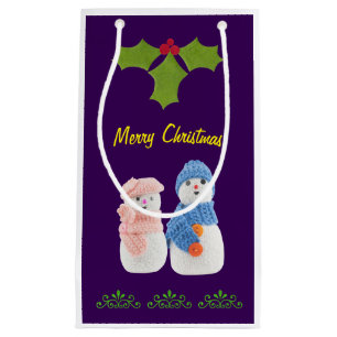 Personalise, Snowman&Snow woman on purple Small Gift Bag