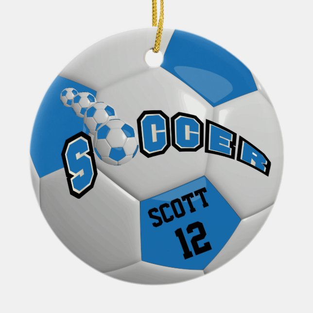 Personalise Soccer Ball | Blue Ceramic Tree Decoration (Front)