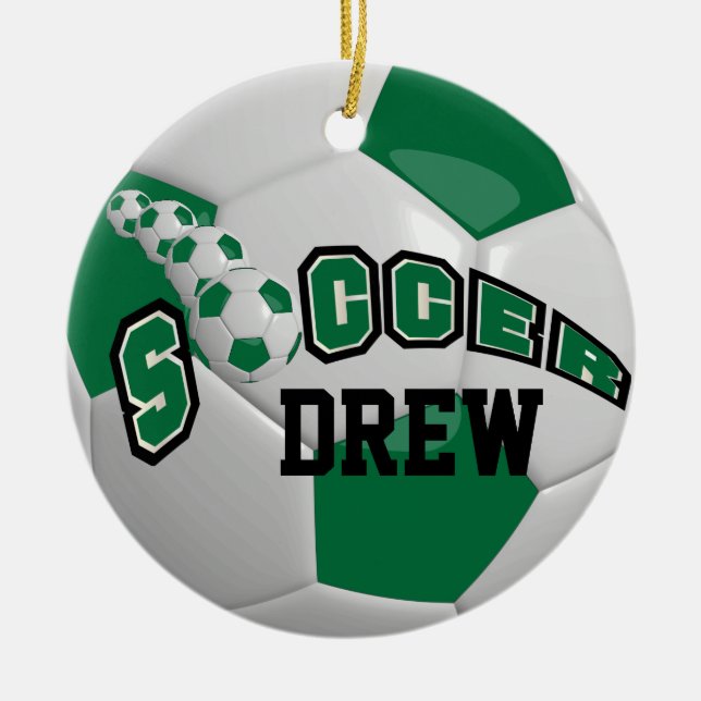 Personalise Soccer Ball | Dark Green Ceramic Tree Decoration (Front)