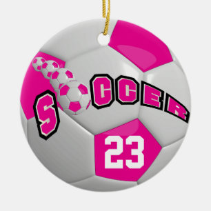 Personalise Soccer Ball   Hot Pink Ceramic Tree Decoration