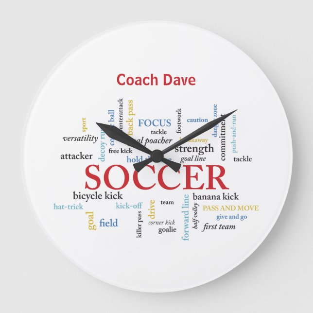 Personalise, Soccer Coach Thank You in Words Large Clock (Front)