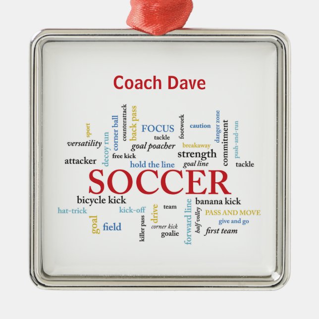 Personalise, Soccer Coach Thank You in Words Metal Tree Decoration (Front)