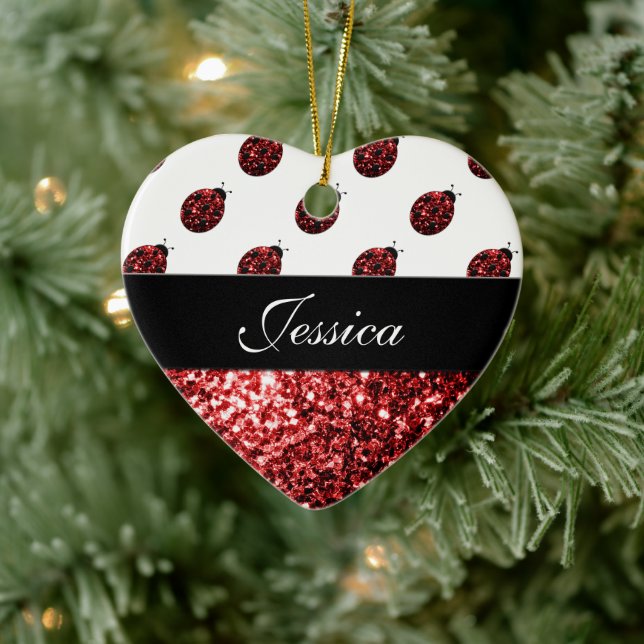 Personalise Sparkling red sparkles Ladybug Ceramic Tree Decoration (Tree)