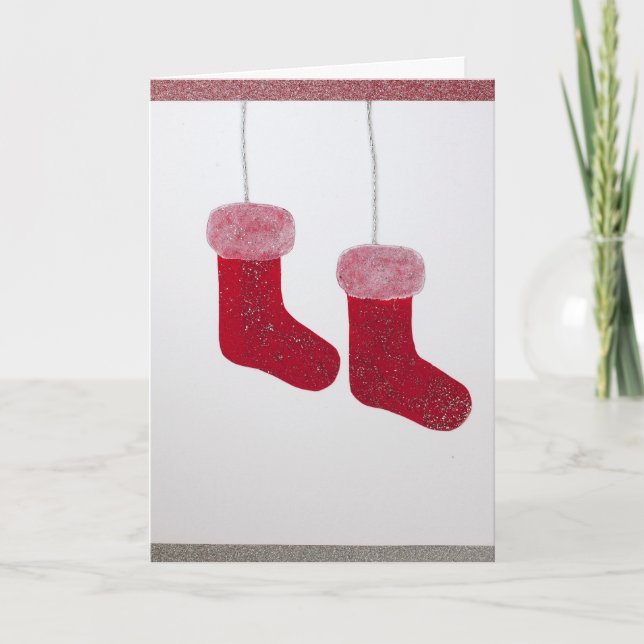Personalise, sparkly Santa sock Holiday Card (Front)