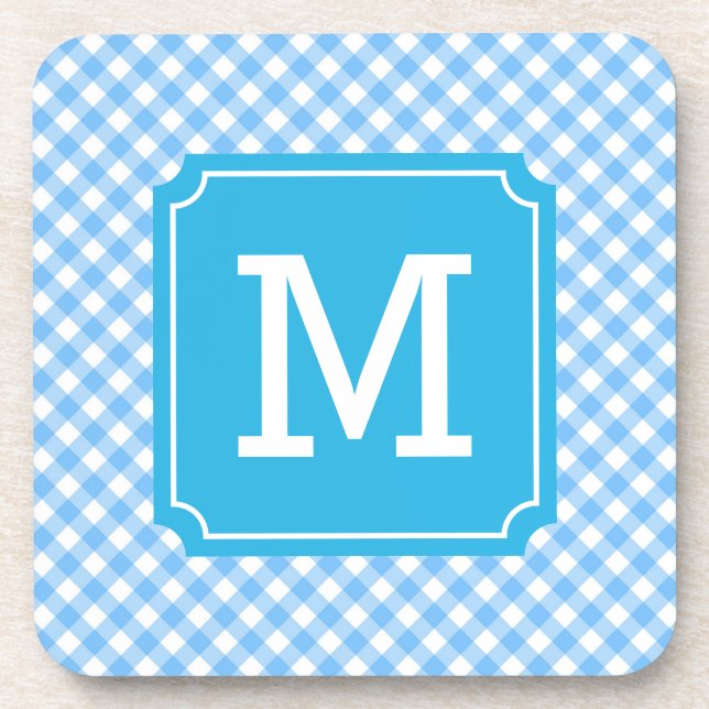 Personalise Stylish Baby Blue Gingham Monogram Coaster (Front)