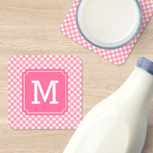 Personalise Stylish Baby Pink Gingham Monogram Coaster
