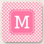Personalise Stylish Baby Pink Gingham Monogram Coaster<br><div class="desc">Decorate your home with these sweet monogrammed square coasters featuring a country chic baby pink gingham pattern. Great for use at a baby shower or as a personalised baby shower gift. Personalise it by replacing the placeholder text. For more options such as to change the font and it's size click...</div>