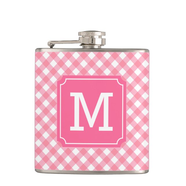 Personalise Stylish Baby Pink Gingham Monogram Hip Flask (Front)