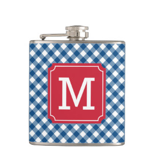 Personalise Stylish Blue Gingham Monogram Hip Flask