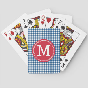 Personalise Stylish Country Blue Gingham Monogram Playing Cards