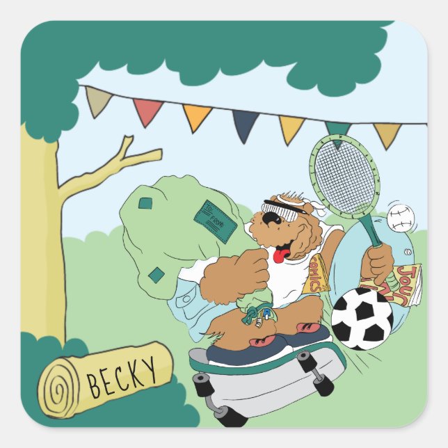 Personalise Summer Camp Bear Stickers Square (Front)