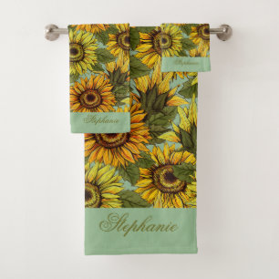 Personalise Sunflower with Foliage Sage Background Bath Towel Set