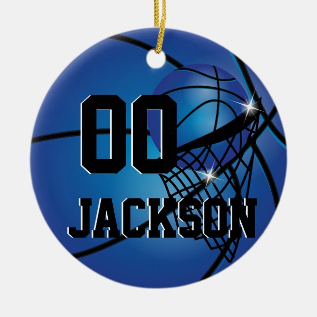 Personalise Super Star Player Blue Basketball Ceramic Tree Decoration (Front)