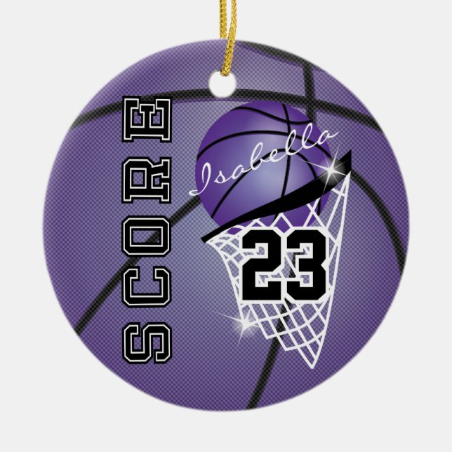 Personalise Superstar Basketball - Purple Ceramic Tree Decoration (Front)