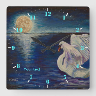 Personalise Swan in the lake at full Moon Square Wall Clock