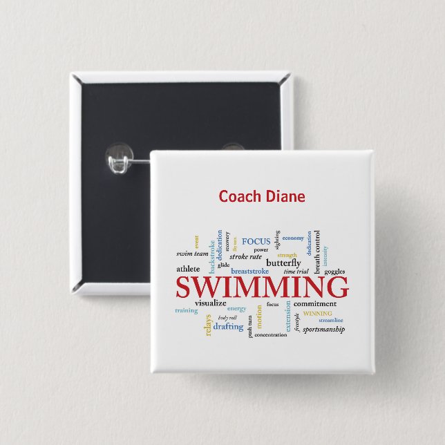 Personalise, Swimming Coach Thank You In Words 15 Cm Square Badge (Front & Back)