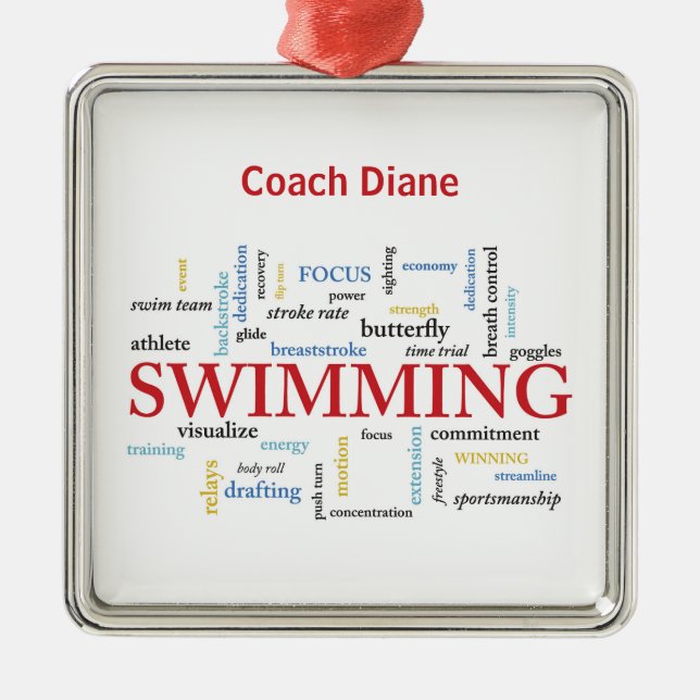 Personalise, Swimming Coach Thank You In Words Metal Tree Decoration (Front)