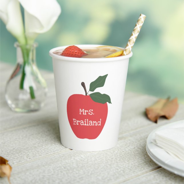 Personalise teacher gift red apple custom name paper cups (Insitu)