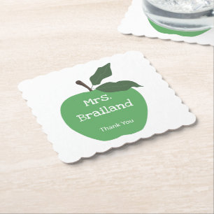 Personalise teacher name custom green apple paper coaster