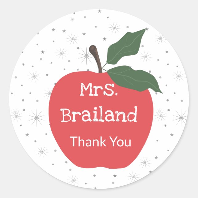 Personalise teacher name custom red apple classic round sticker (Front)