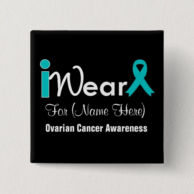 Personalise Teal Ribbon Ovarian Cancer 15 Cm Square Badge (Front)