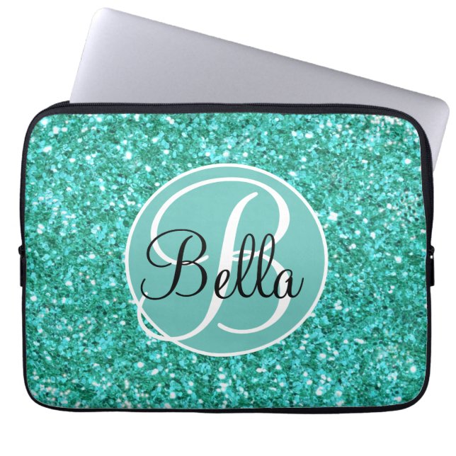 Personalise Teal sparkling glitter monogrammed   Laptop Sleeve (Front)