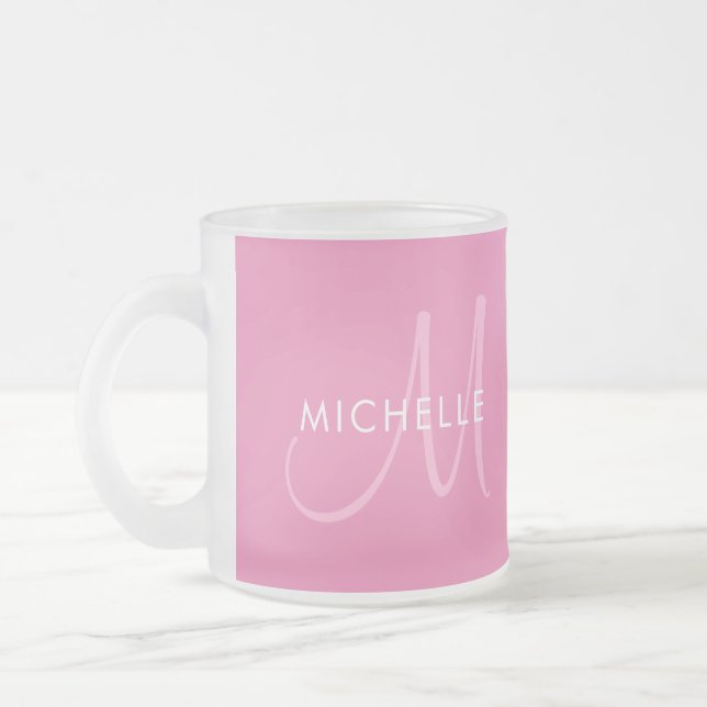 Personalise Template Names Initial Monogram Pink Frosted Glass Coffee Mug (Left)