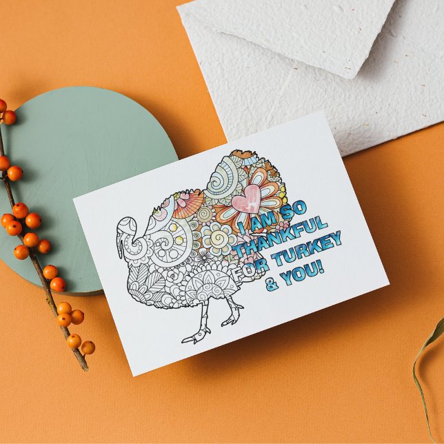 Personalise this Colouring Thanksgiving Turkey Postcard (Customized Thanksgiving Holiday Coloring Card)