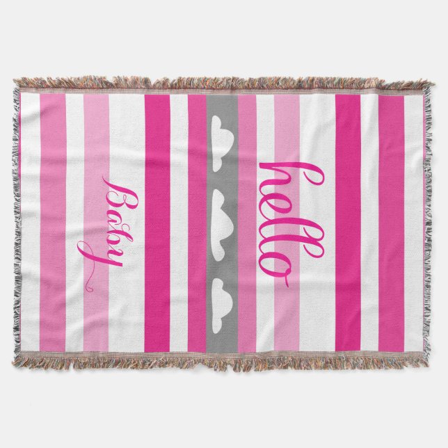 Personalise this Hello Cute Pink Grey and White Throw Blanket (Front)