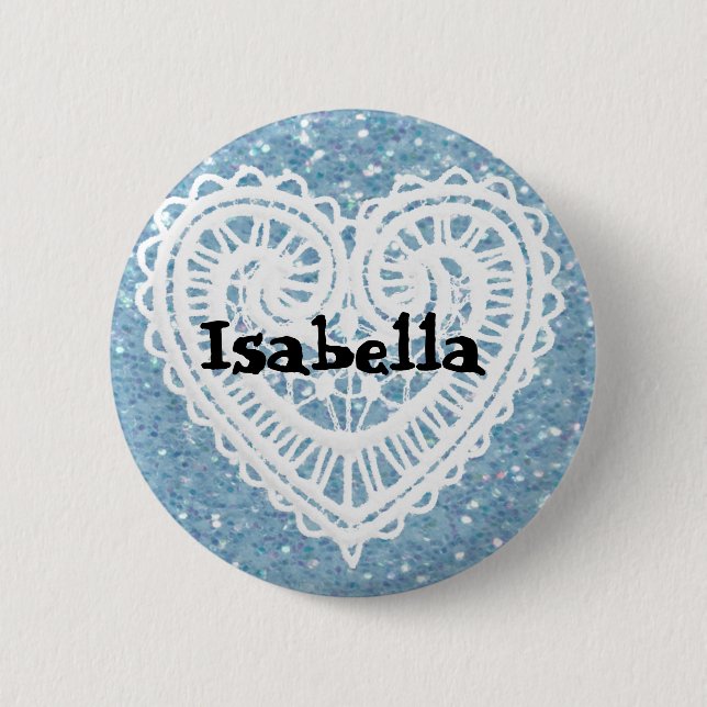 Personalise this pretty glittery blue Name Button (Front)