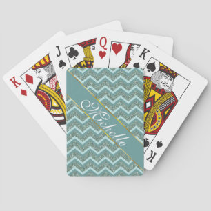 Personalise this Teal Glitter ZigZag Playing Cards