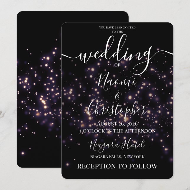 Personalise: Tiny Lights Black Wedding Invitation (Front/Back)