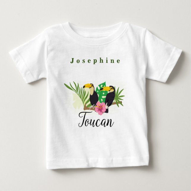 Personalise Tropical Theme Toucan Flowers Hibiscus Baby T-Shirt (Front)